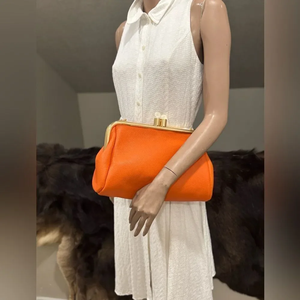 Orange Premium Pebble Cowhide Handmade Large Kiss Lock Handbag/ Multi Use Style